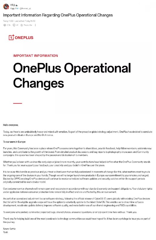 OnePlus đã chính thức nói lời tạm biệt với thị trường Mỹ và EU. Tuy nhiên, OnePlus sẽ tiếp tục hoạt động ở Ấn Độ như