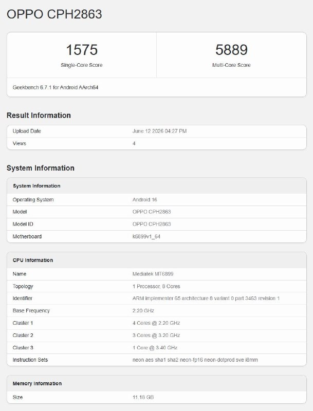 글로벌/인도 Oppo Reno 16 Pro(CPH2863)가 Geekbench에서 발견되었습니다