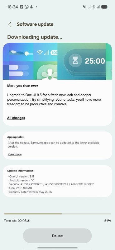 Finally, the A16 4G has started to receive the One UI 8.5 update with Build Version A165FXXS9DZF1/