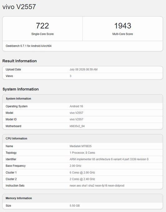 Vivo T5 Lite 44W Makes Its Mark on Geekbench Benchmarking Platform