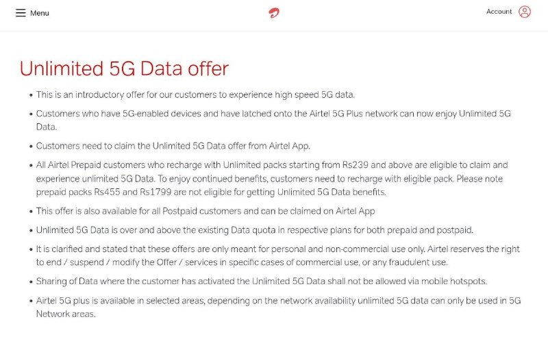 Nous avons déjà vu des rapports selon lesquels Airtel n'autorise pas le partage illimité de données 5G via un point