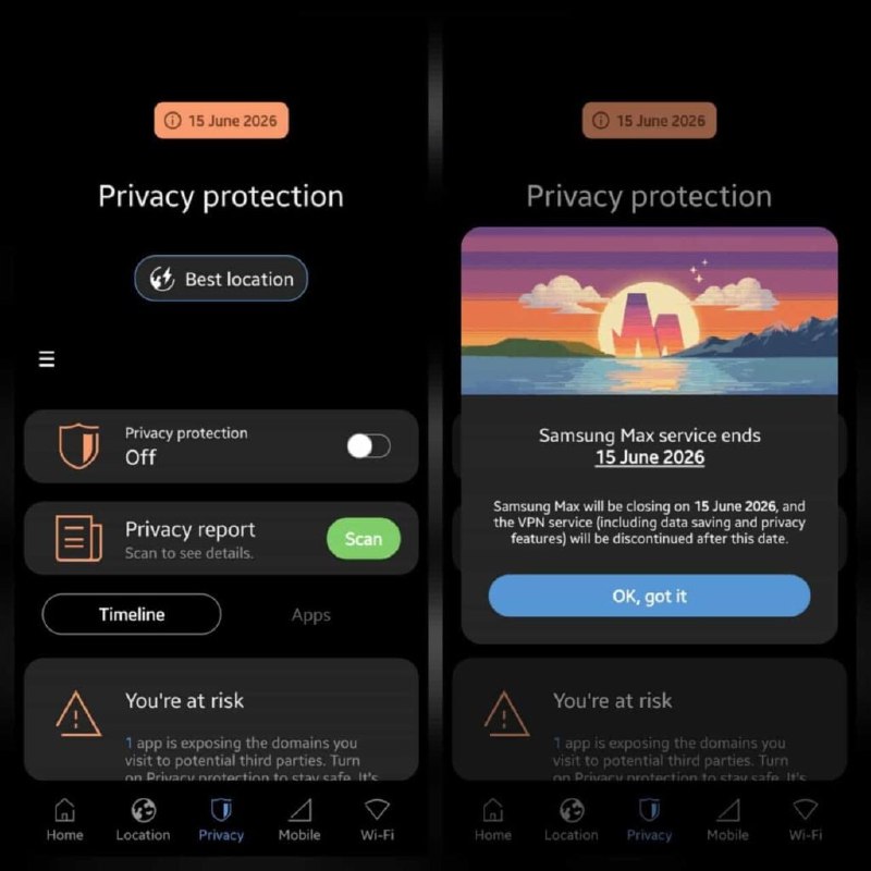 삼성은 Samsung Max VPN 서비스가 올해 6월 종료될 예정이라고 발표했습니다. 이제 앱을 여는 사용자에게 환영 인사가 표시됩니다