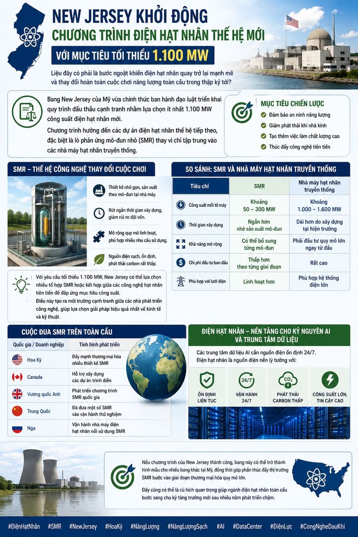 Đột phá năng lượng sạch: New Jersey khởi động dự án điện hạt nhân SMR công suất 1.100 MW
